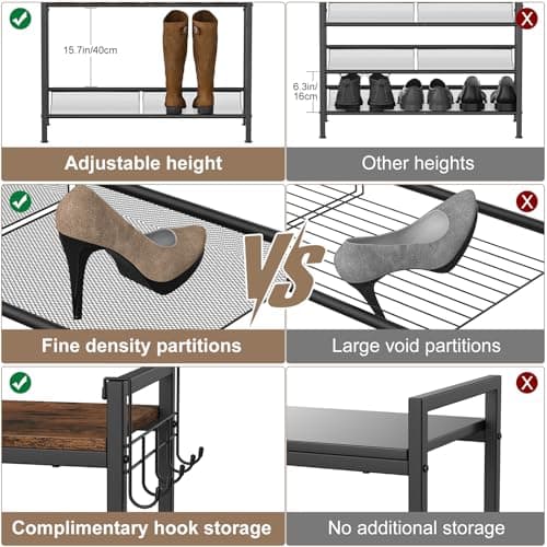 Height-Adjustable 4-Tier Metal Shoe Rack with Steel Frame and Hook, Sturdy Wooden Top