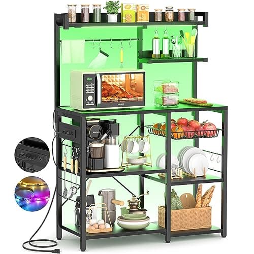 Aheaplus Rustic Brown Bakers Rack with Power Outlet & LED Lights, 10 Hooks & Wire Basket