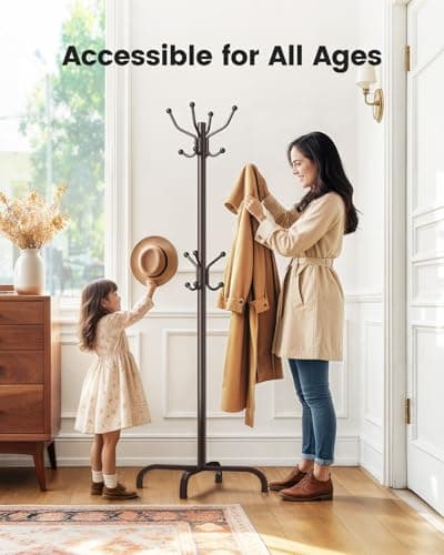 Pipishell 14-Hook Freestanding Coat Rack for Entryway, Hallway, Bedroom, and Office - Brown Metal Coat Tree & Hat Rack