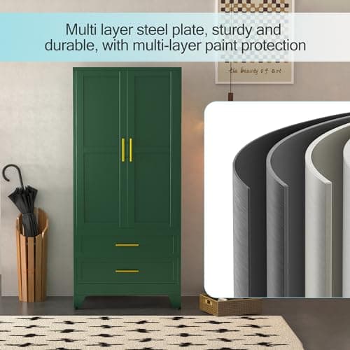 Green Metal Armoire Wardrobe with Shelves and Rod (71")