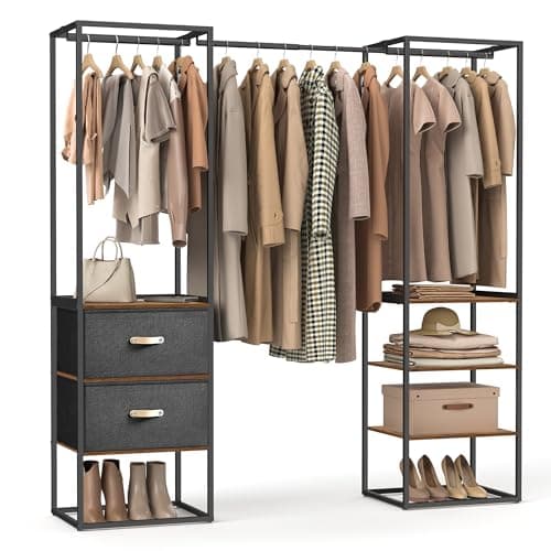 SONGMICS Rustic Brown Freestanding Closet Rack with 2 Drawers & 4 Shelves