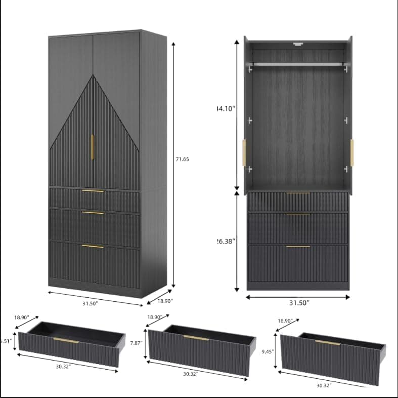 71.7" Black Freestanding Wooden Wardrobe Armoire with 2 Doors 3 Drawers