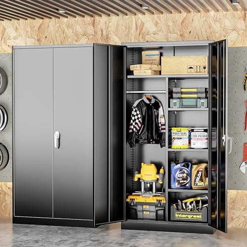 Intergreat Lockable Metal Storage Cabinet, Black Wardrobe with Adjustable Shelves