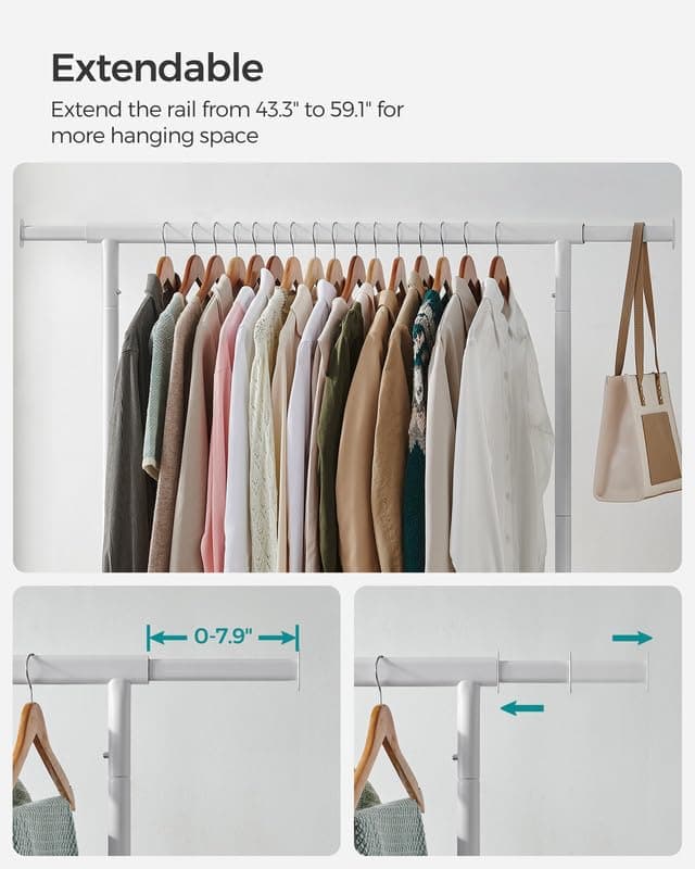 SONGMICS Heavy-Duty Rolling Clothes Rack, 286.6 lb Capacity, Extendable Rod, Matte White