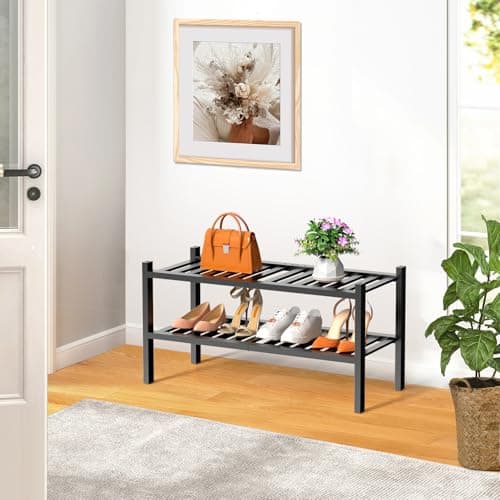 Black 2 Tier Bamboo Closet Shoe Rack Storage Organizer