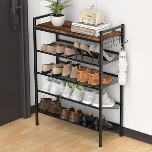 Height-Adjustable 4-Tier Metal Shoe Rack with Steel Frame and Hook, Sturdy Wooden Top