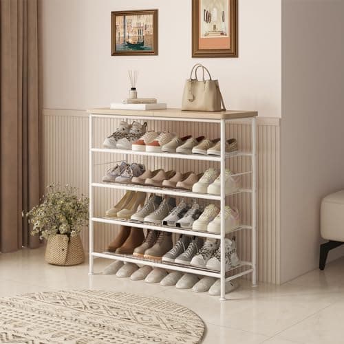 White + Oak 5-Tier Metal Shoe Organizer for Closet Entryway