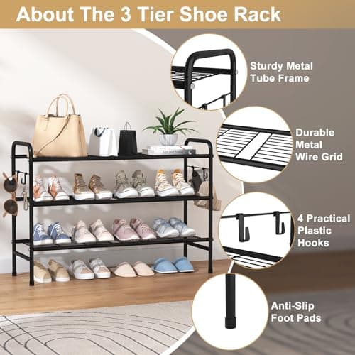Sturdy 3-Tier Black Metal Shoe Organizer for Front Door, Closet, Garage, Dorm