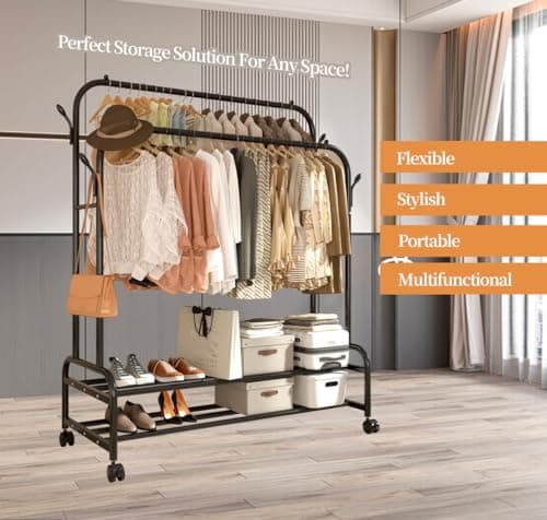 Sturdy Metal Double Rodding Clothes Rack with Wheels & Shelves, Black