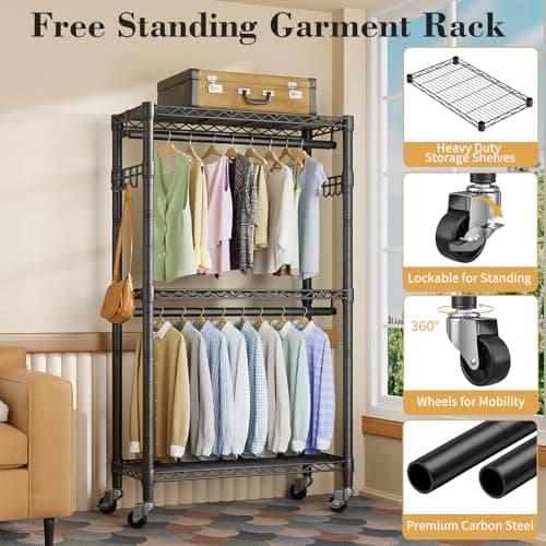 3-Tier Heavy Duty Wire Clothes Rack with Double Rods & Hooks, Freestanding Storage Wardrobe