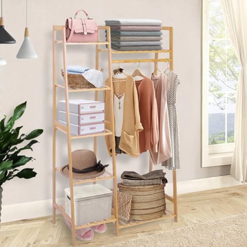 Ufine 7-Tier Bamboo Clothing Rack, Heavy Duty Minimalist Wardrobe Organizer
