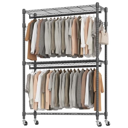BATHWA Heavy Duty Rolling Wardrobe Rack, 8 Side Hangers, Black
