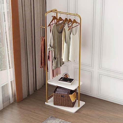 Heavy Duty Gold Metal Clothing Rack with Marble Base for Organizing Clothes, Coats, Bags, Skirts, Shirts