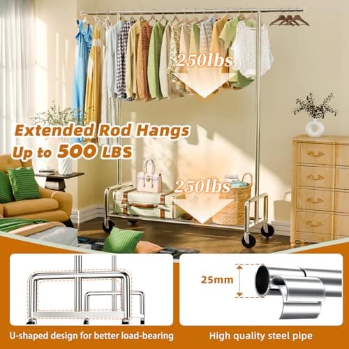 Heavy Duty Metal Clothing Rack with Wheels, Chrome, 500 LBS Load Capacity