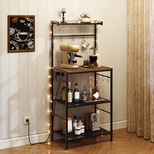 Rustic Brown Bakers Rack with Charging Station & 6 Hooks BRHR35E01