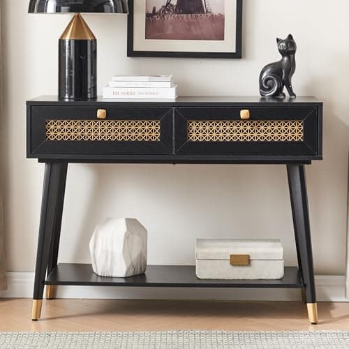 Rustic Oak Narrow Sofa Table with Drawers & Shelf, Modern Living Room Console