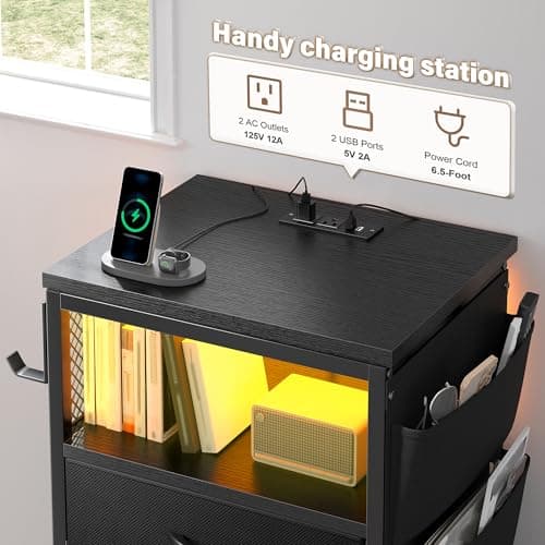 EnHomee Black Nightstand with Charging Station & 5 Drawer Dresser