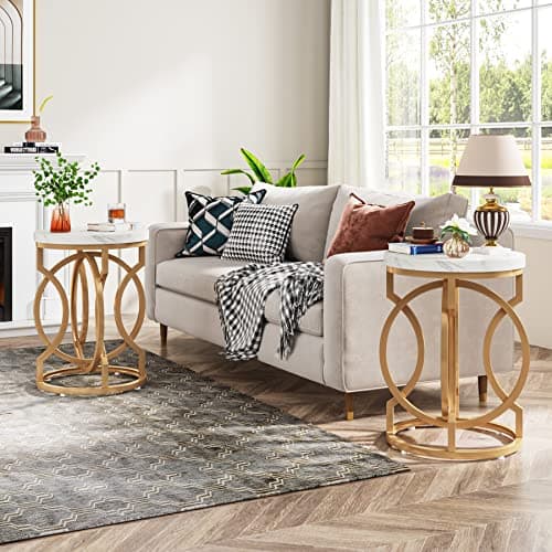 Tribesigns White + Gold O-Shaped Metal Base Round End Table Set of 2