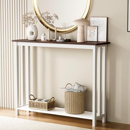 Solid Wood Console Table with Storage Shelves, Rustic White