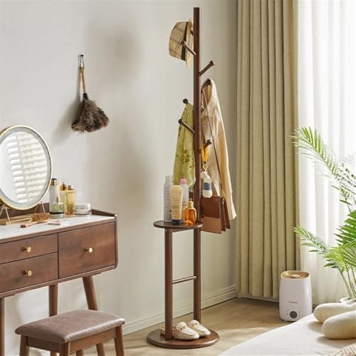 Natural Wooden Coat Tree with Organizer Tray and Shelf
