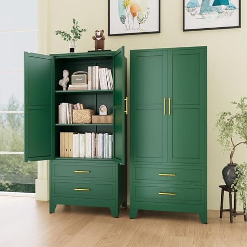 Green Metal Armoire Wardrobe with Shelves and Rod (71")
