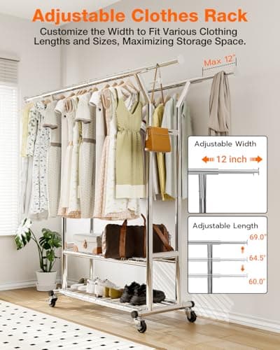 Heavy Duty Silver Portable Rolling Clothing Rack, Adjustable for Home & Commercial