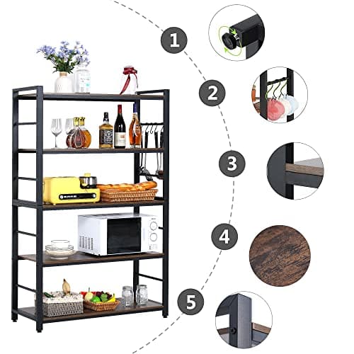 5-Tier Bakers Rack with Shelves and Hooks for Kitchen, Bathroom, Living Room