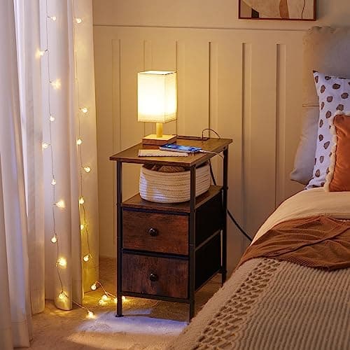 HOOBRO Adjustable End Table with Charging Station, Rustic Brown & Black, BF486UBZP201