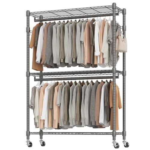 BATHWA Heavy Duty Rolling Wardrobe Rack, 8 Side Hangers, Black