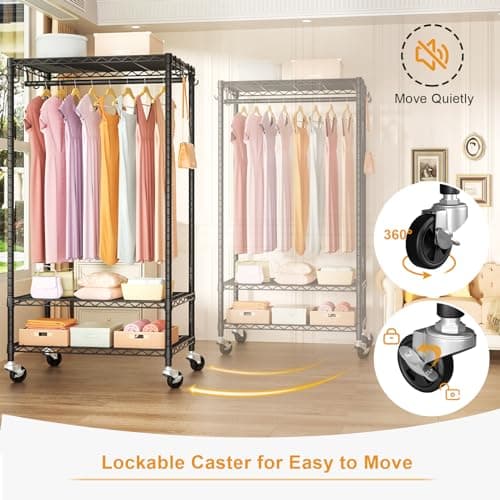 Heavy Duty P6 Rolling Clothes Rack, Max 380 LBS, Portable Closet Rack, Black