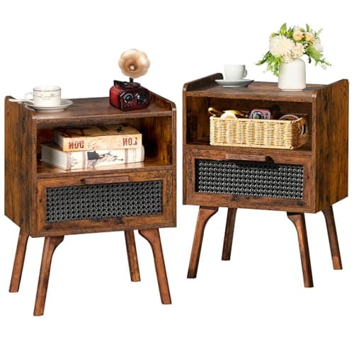 Lerliuo Natural Boho Rattan Nightstands Set of 2 with Drawer & Shelf for Bedroom Small Spaces