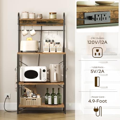 Microwave Stand with Power Outlets, LED Lights, 4-Tier Rack, Kitchen Storage, HB20BR Brown