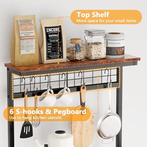 Furologee Rustic Brown Bakers Rack with Power & LED Light, 4 Tier Spices & Pot Storage