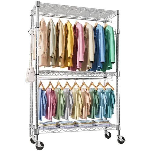MZG Heavy Duty Rolling Clothes Rack 3 Tiers Adjustable Wire Shelving 17.7"x47.2"x83.6" Chrome