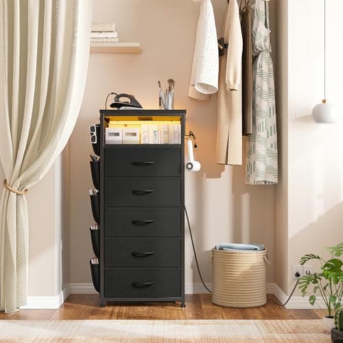 EnHomee Black Nightstand with Charging Station & 5 Drawer Dresser