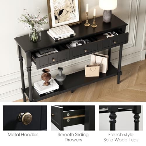 47" Entryway Table with Drawers & Shelf, Black Wood Console