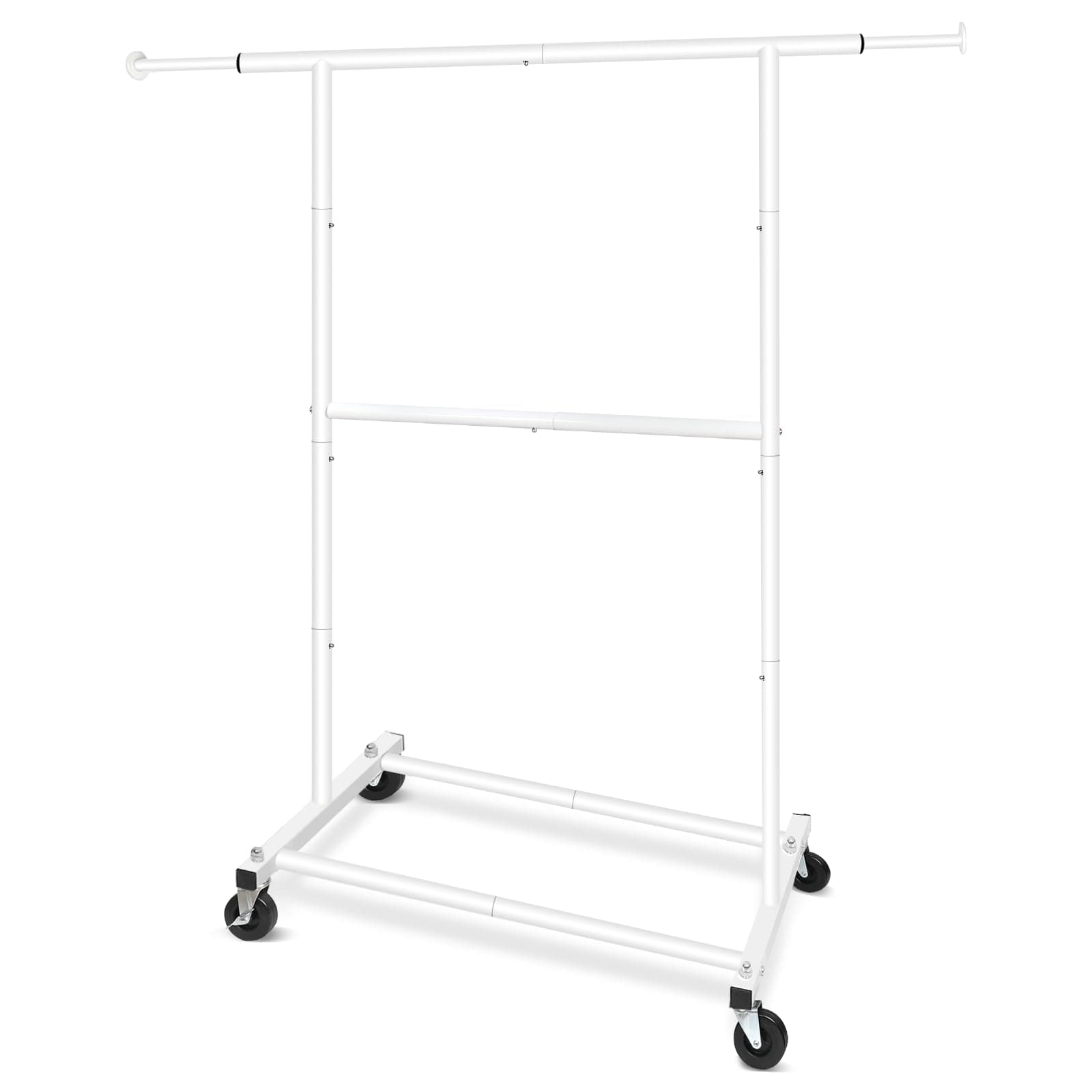 White Metal Double Rod Clothing Rack with Lockable Wheels, Portable Freestanding Organizer