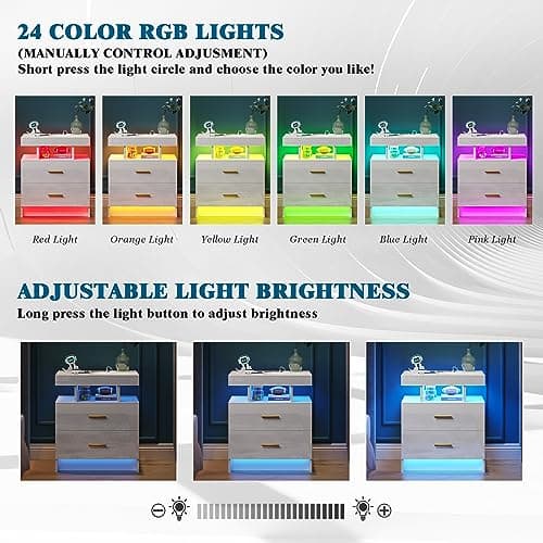 High Gloss Nightstand with USB/Wireless Charging, LED White Side Table with Storage Drawers