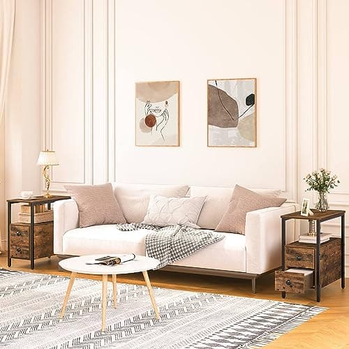 HOOBRO Narrow End Table Set, Drawers for Small Spaces, Rustic Brown & Black BF54BG201G2