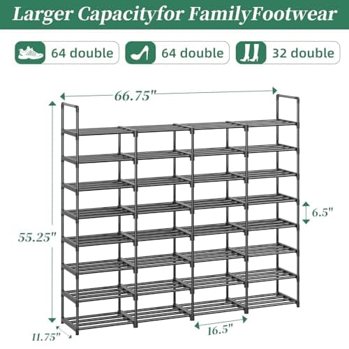 Tall Shoe Organizer Shelf 8 Tier Holds 64 Pairs, Black & DIY Style