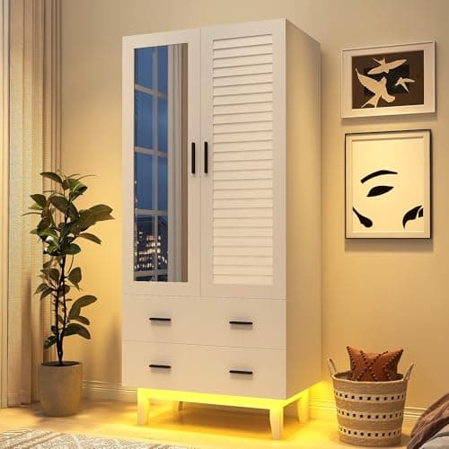 2 Door White Armoire Wardrobe with LED Lights & Large Storage