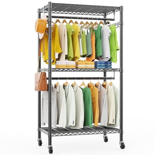 LEHOM G1M Heavy Duty 3-Tier Rolling Clothes Rack with Storage