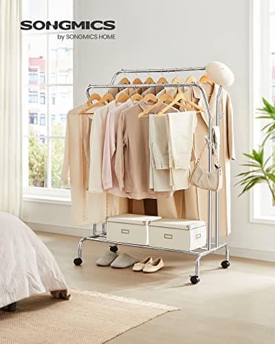 SONGMICS Double-Rod Clothing Rack with Wheels, 220 lb Max Load, Silver UHSR107E01