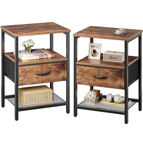 Huurger Nightstand Set of 2: Rustic Brown, Fabric Drawers & Mesh Shelf