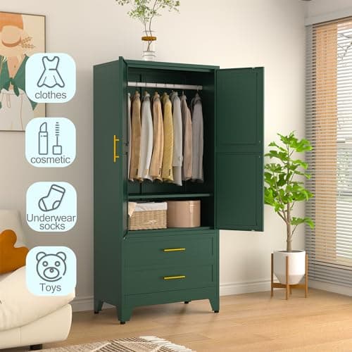 Green Metal Armoire Wardrobe with Shelves and Rod (71")