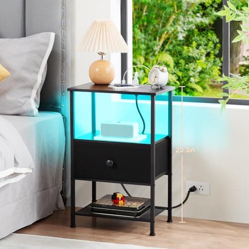 HETS01BK LED Nightstand with Charging Station & Fabric Drawer