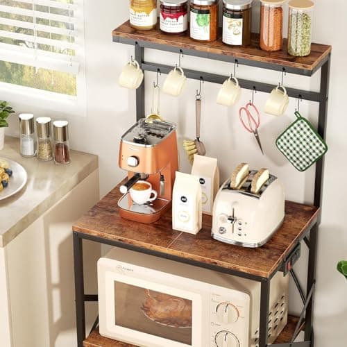 Rustic Brown 4-Tier Bakers Rack with Power Outlet & Storage