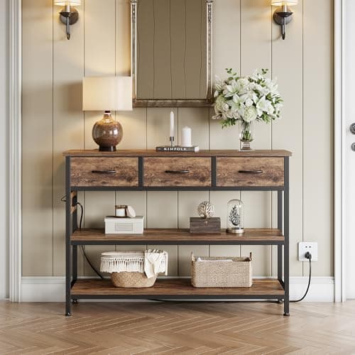Lulive Adjustable Entryway Table with Power Outlets & 3 Drawers (Rustic Brown, 43")