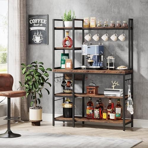 Tribesigns 43" Wide Bakers Rack with 5-Tier Shelves & 10 Hooks, Black Brown