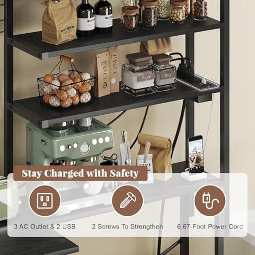 Black L-Shaped Bakers Rack with Power Outlet & Mesh Grid